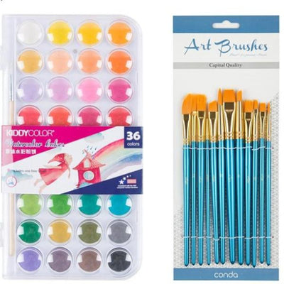 36 Solid Watercolor Cake And 12 Brush Set